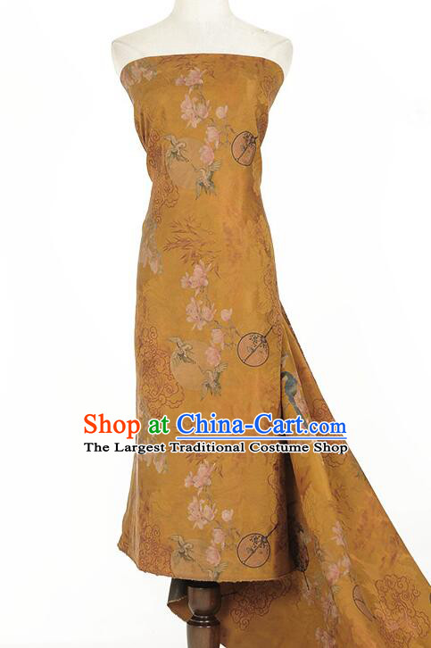 Chinese Khaki Gambiered Guangdong Gauze Traditional Flower Bird Pattern Design Dress Material Classical Jacquard Silk Fabric