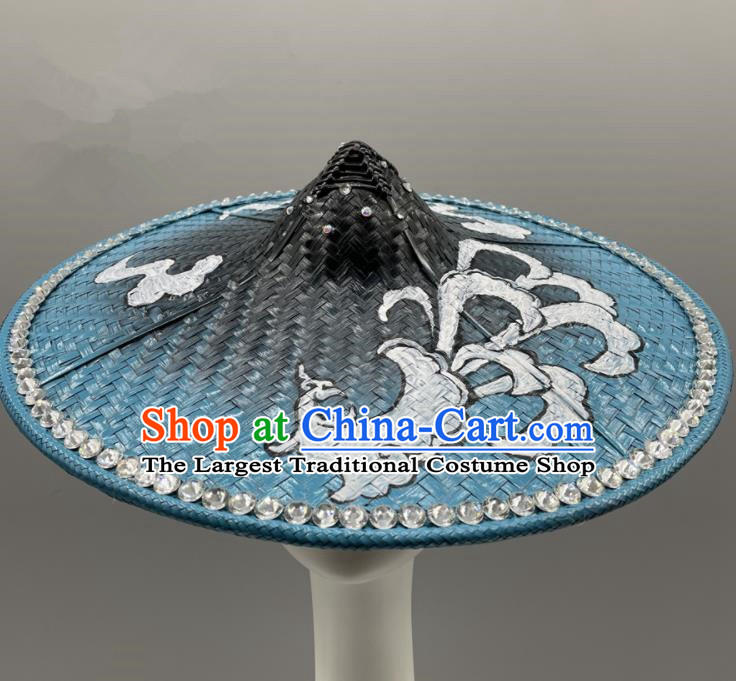 Chinese Stage Performance Headwear Dai Nationality Dance Headdress Yunnan Folk Dance Hand Painting Blue Bamboo Hat