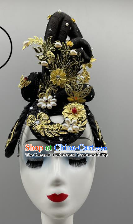 Chinese Women Group Dance Headpiece Classical Dance Headdress Beauty Dance Hair Jewelries Stage Performance Wig Hairpieces