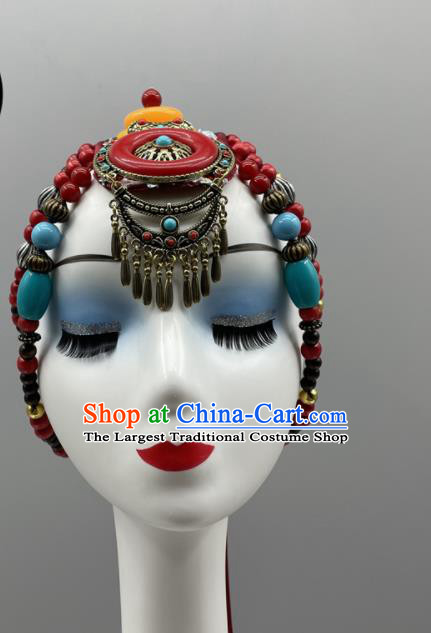 Chinese Zang Nationality Folk Dance Headdress Tibetan Dance Beads Headband Ethnic Stage Performance Hair Jewelry