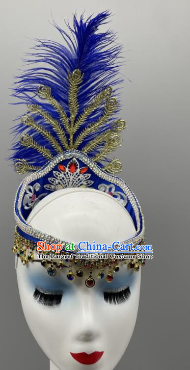 Chinese Xinjiang Dance Royal Blue Feather Hat Ethnic Stage Performance Bells Hair Jewelry Uyghur Nationality Folk Dance Headdress