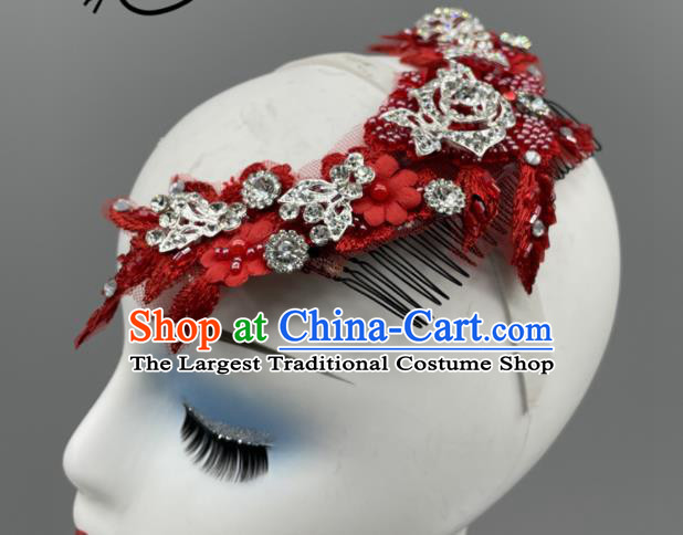 Chinese Yangko Dance Red Flower Headwear Women Group Dance Hair Jewelry Stage Performance Hair Comb Folk Dance Headpiece