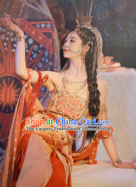 Chinese Ethnic Young Lady Garment Costumes Traditional Dance Dress Ancient Western Regions Princess Clothing and Headpieces