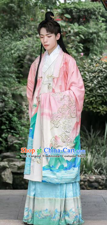 China Ancient Ming Dynasty Noble Childe Costumes Traditional Male Hanfu Embroidered Long Cape Gown and Skirt Complete Set