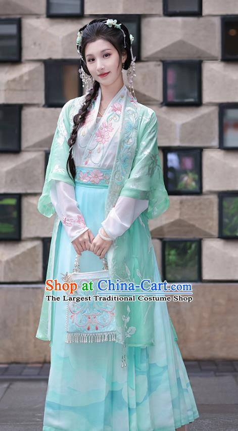 China Ancient Song Dynasty Young Lady Costumes Traditional Embroidered Green Hanfu Dress Complete Set