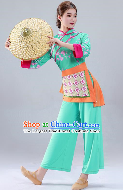 Light Green Tea Picking Female Dance Costumes Bamboo Hats Yangko Costumes Adult Village Girl Costumes Ethnic Style Costumes