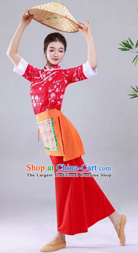 Red Tea Picking Female Dance Costumes Bamboo Hats Yangko Costumes Adult Village Girl Costumes Ethnic Style Costumes