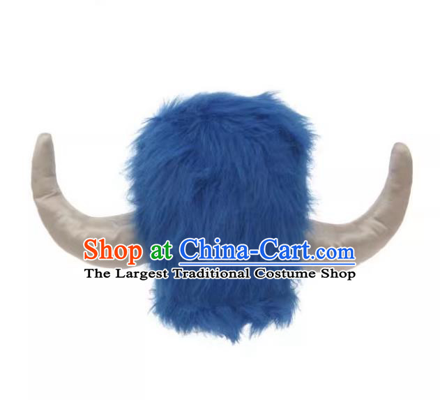 Handmade Cosplay Buffalo Hat Halloween Stage Performance Blue Fur Cowhorn Hat