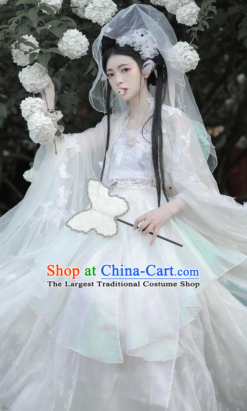 China Tang Dynasty Young Lady Costumes Traditional Hanfu White Hezi Dress Ancient Flower Fairy Clothing