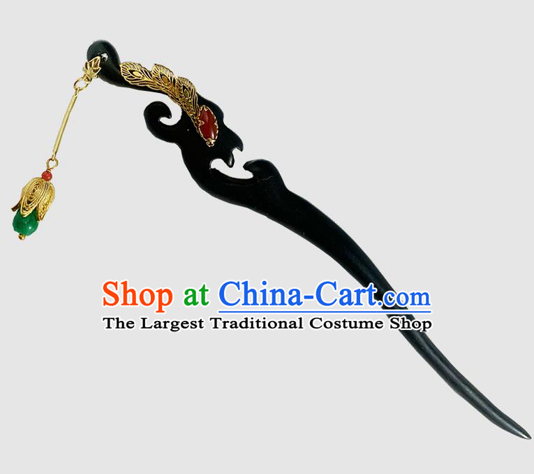 Chinese Hanfu Ebony Hairpin Traditional Golden Tassel Headgear Handmade Cheongsam Hair Jewelry Christmas Gift