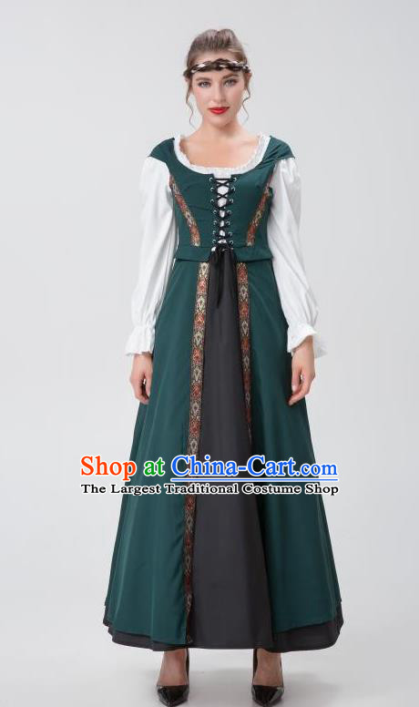 Renaissance Woman Court Dark Green Long Dress Christmas Drama Performance Costume Medieval European Costume