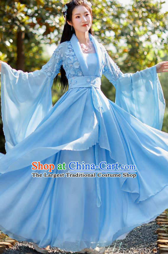 Blue Hanfu Wide Sleeve Fairy Dress China Tang Dynasty Princess Clothing Ancient Goddess Costume