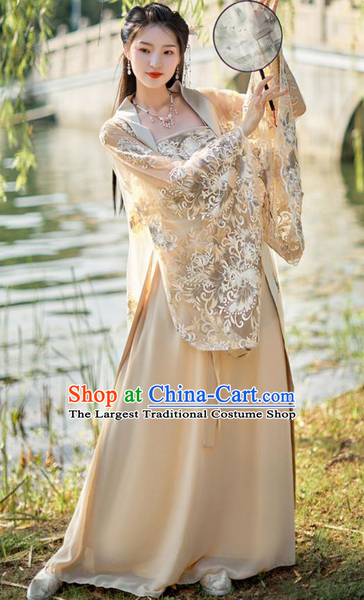 China Ancient Fairy Costume Beige Hanfu Embroidered Dress Tang Dynasty Beauty Dance Clothing