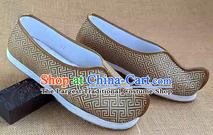 Traditional Kung Fu Shoes Handmade Old Peking Dark Golden Brocade Shoes Chinese Strong Cloth Soles Shoes