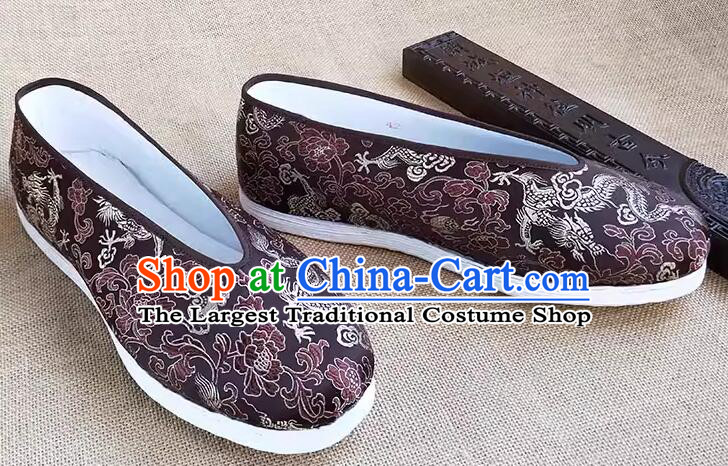 Chinese Traditional Kung Fu Shoes Handmade Brown Brocade Shoes Old Peking Strong Cloth Soles Shoes