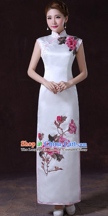 Chinese Elegant Dress White Sleeveless Cheongsam Embroidered Peony Long Qipao