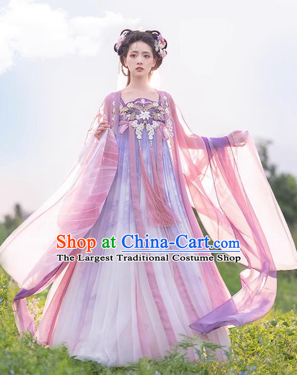 China Traditional Pink Hanfu Dress Ancient Flower Fairy Clothing Tang Dynasty Royal Princess Costumes