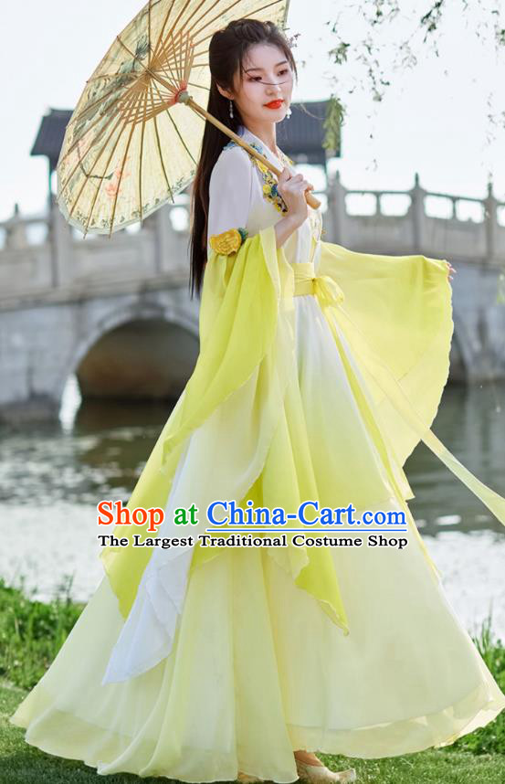 China Yellow Wide Sleeve Flow Fairy Dress Ancient Fairy Costume Tang Dynasty Woman Clothing