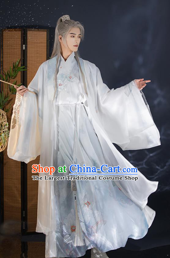 China Song Dynasty Historical Costumes Male White Hanfu Ancient Swordsman Clothing