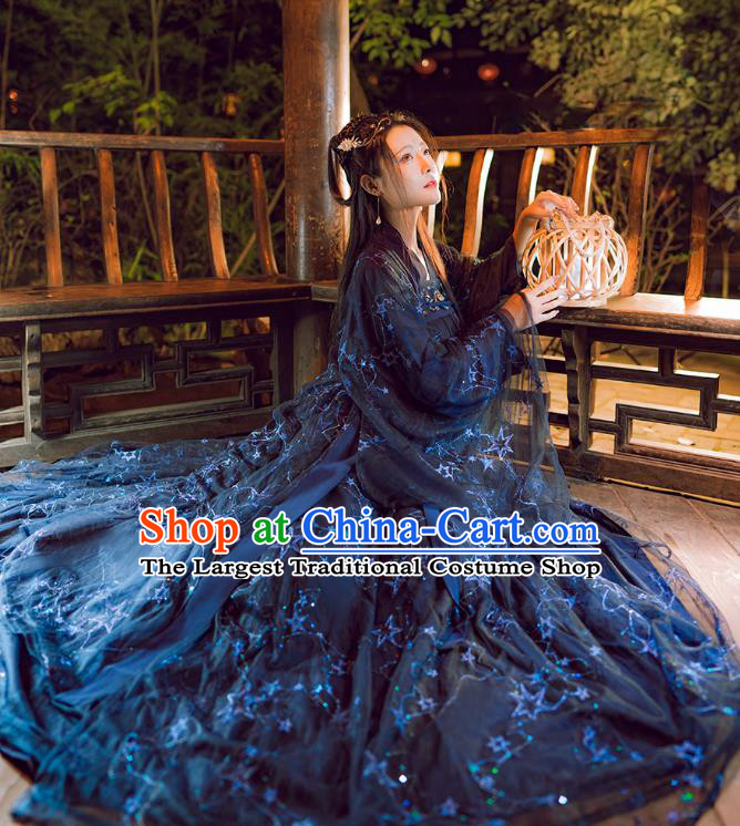 China Ancient Royal Princess Clothing Tang Dynasty Historical Costumes Female Hanfu Dark Blue Ruqun