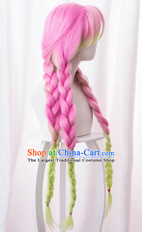 Demon Slayer Kimetsu No Yaiba Kanroji Mi Glass Pink Purple Gradient Green Three Twist Braids Cos Wig