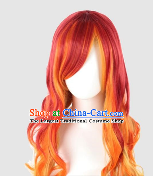 Long Curly Hair Mixed With Red Gradient Khaki Long Hair European And American Cosplay Nightclub Full Head Wig