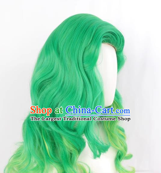 European And American Front Flip Up Style Women Whole Wig Green Gradient Yellow Large Wavy Medium Long Curly Hair