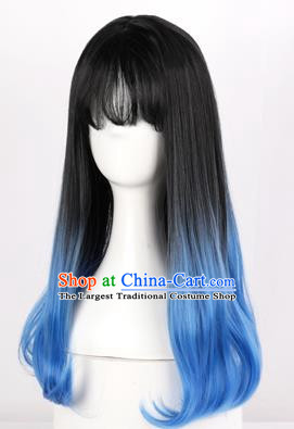 Black Gradient Sapphire Blue Dyed Mid Length Inner Button Curly Hair Ladies Daily Air Bangs Full Wig