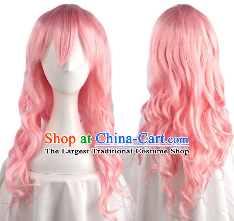 High Temperature Silk Rose Mesh Water Pink Oblique Bangs Big Wavy Long Curly Hair Cos Wig