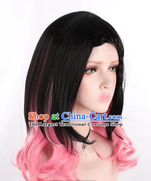 Lolita Girls Fake Hair Black Mixed Pink Side Braids Cos Daily Wig