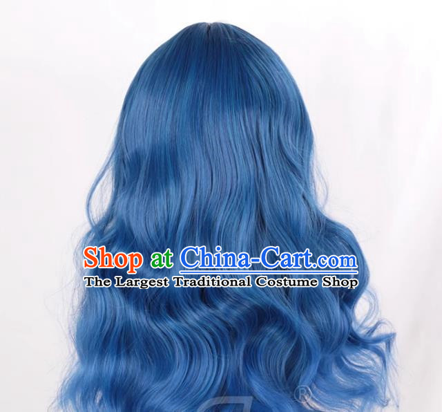 Mixed Blue Air Bangs Long Curly Hair European And American Medium Length Cosplay Party Big Wave Wig