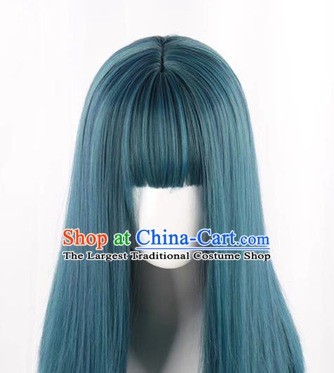 Wig For Women With Medium Long Straight Hair Fashionable Mixed Blue Clavicle Hair Full Headband Inner Buckle At The End Trendy Short Straight Hair