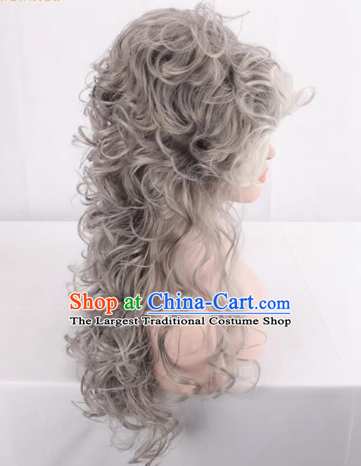 European And American Palace High Hat Style Mixed Gray Ladies Full Fake Hair Long Curly Hair Cosplay Wig