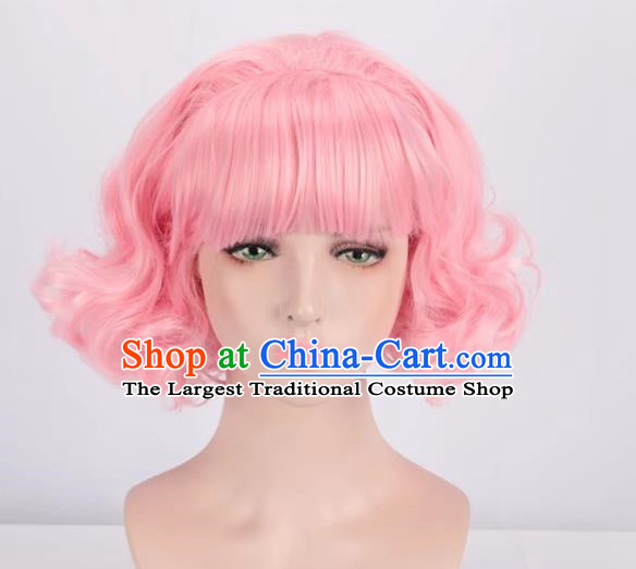 European And American Light Pink Short Curly Hair With Bangs And Full Headband For Women With Fake Hair Cos Wig