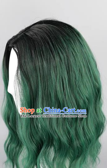 Black Gradient Dark Green Slightly Curly Face Shaping Short Hair Cosplay Wig