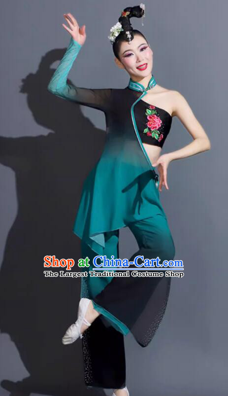 China Woman Solo Stage Performance Clothing Taoli Cup Dance Competition Dark Green Outfit Fan Dance Costume