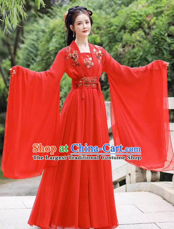 China Red Wide Sleeve Flow Fairy Dress Ancient Princess Costume Traditional Hanfu Classical Dance Clothing