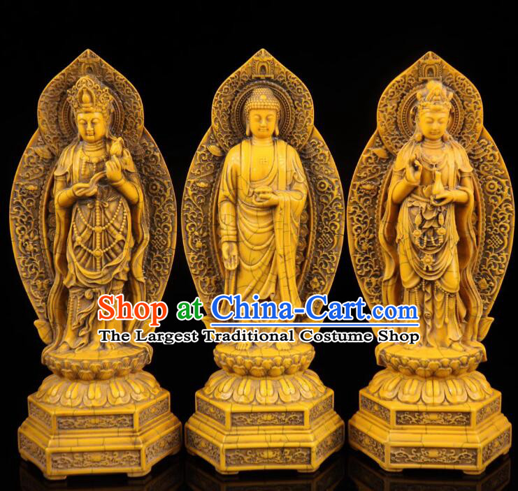 Chinese Ox Bone Carving Collections Handicraft Sculptures Handmade Western Three Buddha Statues