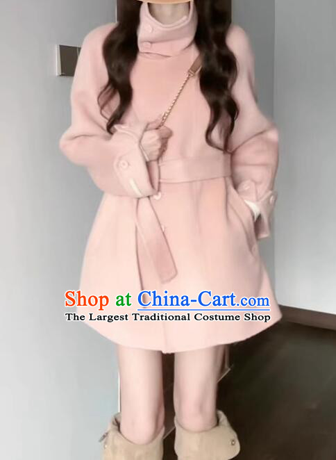 Plus Size Female Pink Woolen Jacket Woman Elegant Slim Coat Winter Stand Collar Costume