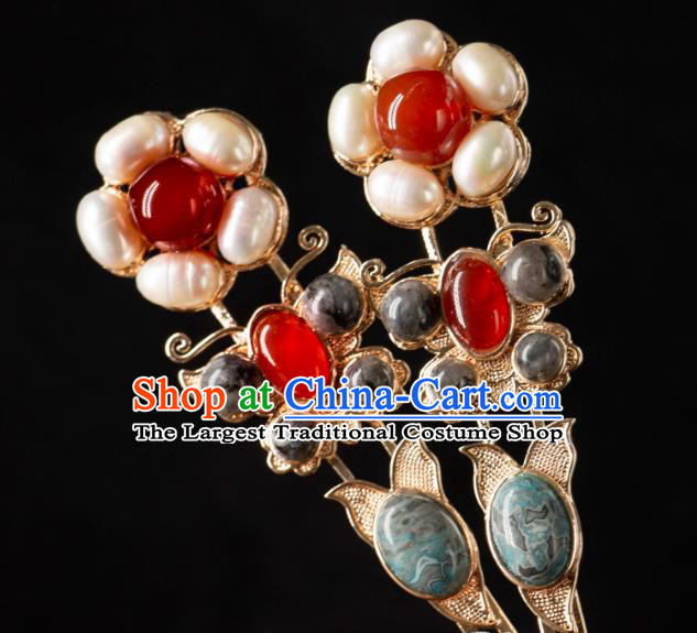 Ancient Empress Gems Hairpins Handmade Hanfu Hair Jewelries China Song Dynasty Pearl Hair Clips