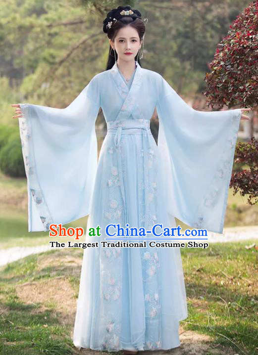 China Traditional Hanfu Princess Blue Dress Ancient Young Lady Clothing Song Dynasty Replicate Clothing