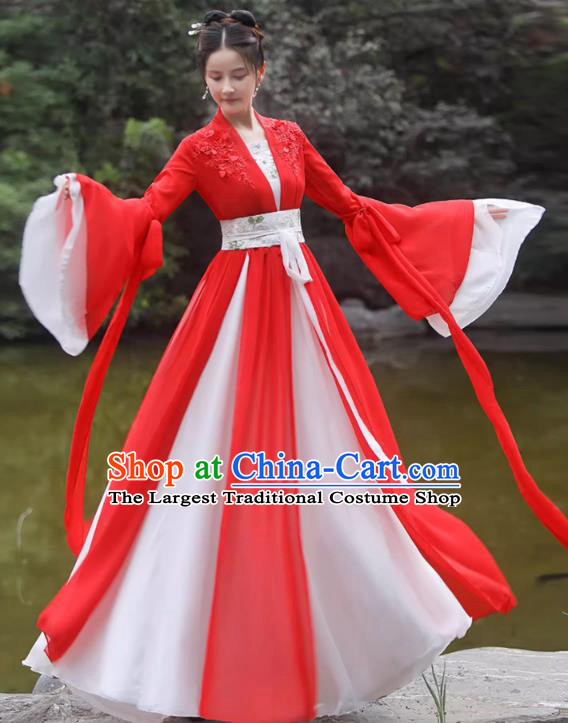 China Red Fairy Dress Ancient Wedding Hanfu Classical Dance Clothing Han Dynasty Princess Costume