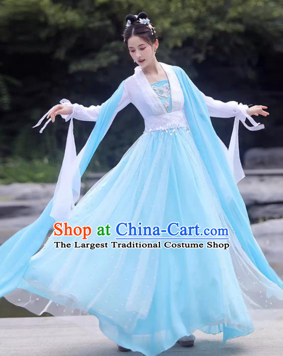 China Song Dynasty Princess Costume Blue Fairy Dress Ancient Hanfu Classical Dance Clothing