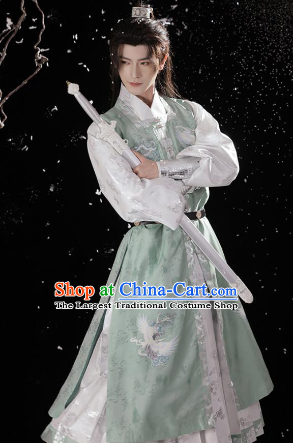 China Ancient Swordsman Clothing Ming Dynasty Costumes Traditional Male Hanfu Light Green and White Robe Complete Set