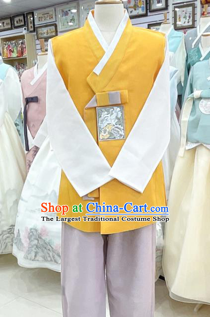 Traditional Hanbok Embroidered Male Costumes Korean Wedding Groom Clothing Yellow Shirt and Pants