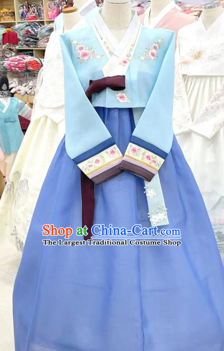 Traditional Hanbok Korean Wedding Costumes Embroidered Blue Blouse and Dress Complete Set