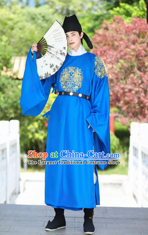 China Traditional Hanfu Garment Ancient Imperial Bodyguard Costume Tang Dynasty Official Blue Round Collar Robe