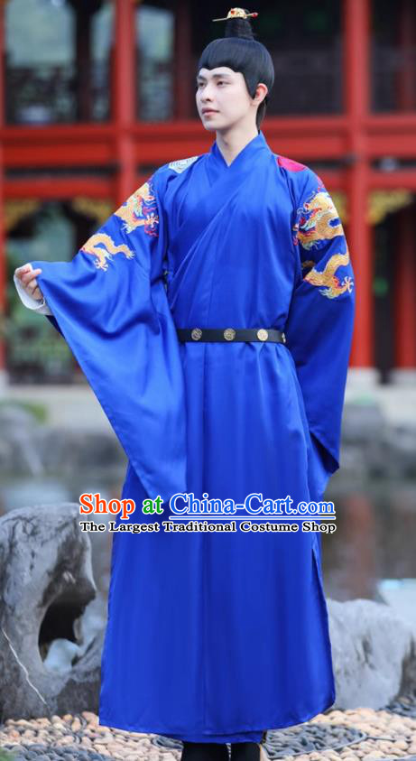 China Traditional Male Hanfu Garment Ancient Emperor Costume Ming Dynasty Prince Blue Embroidered Dragon Robe