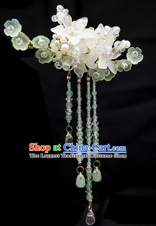 China Hanfu Hair Jewelry Ancient Fairy Green Tassel Hairpin Handmade Song Dynasty Princess Flower Hair Stick