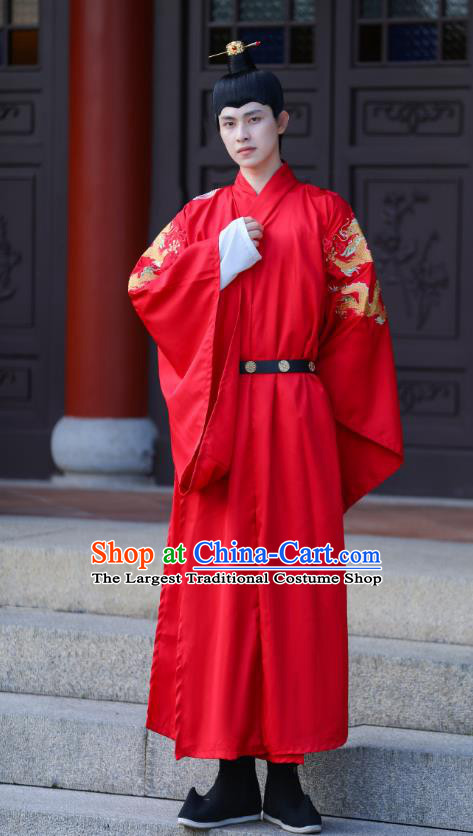 China Ming Dynasty Emperor Clothing Traditional Hanfu Red Dragon Robe Ancient Royal Prince Costume